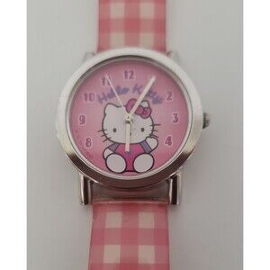 Sanrio Hello Kitty Silver Tone Quartz Analog Women's Watch Pink Gingham Band